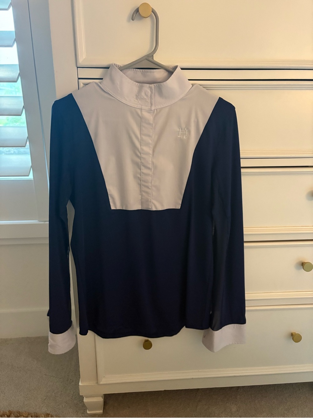 Navy two tone women’s equestrian show shirt from Hadley, smartpak size medium